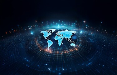 A blue world map is surrounded by glowing lines, forming a grid pattern against a dark blue background.