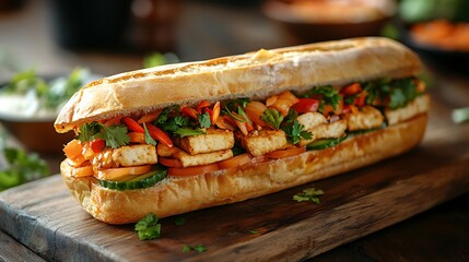 A crispy bánh mì sandwich filled with tofu, pickled vegetables, and fresh herbs, served on a rustic wooden board. The baguette’s golden crust and light,