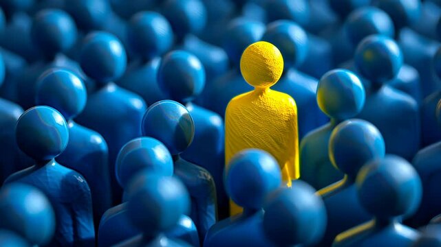 Stand Out from the Crowd - Yellow Figure Amidst Blue Group - Unique and Different, Individuality Concept