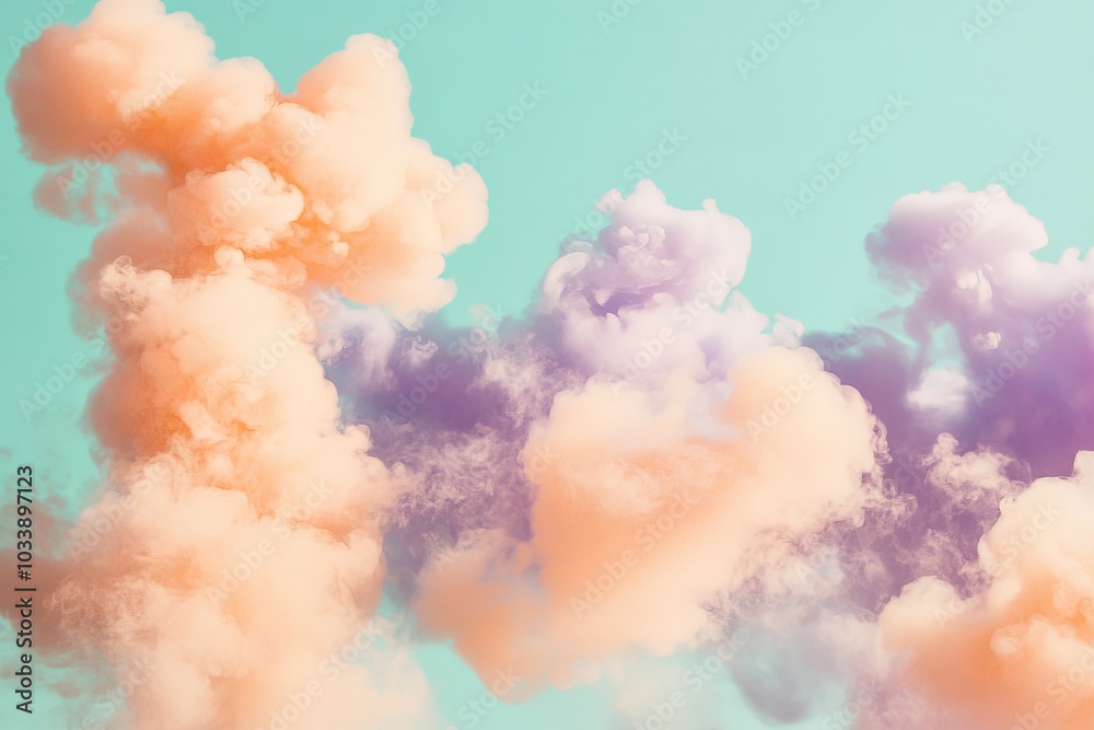 Poster a mesmerizing display of colorful vapor clouds swirling gently against a calming teal backdrop, insp