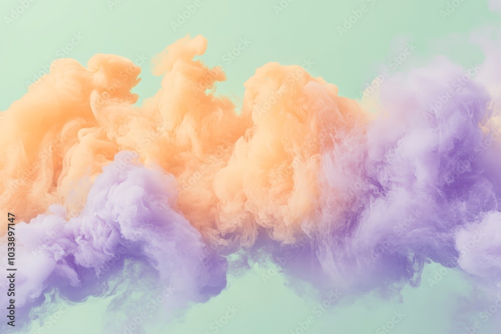 Poster in this image, delicate orange and purple clouds gracefully weave through the sky, engaging in a sof