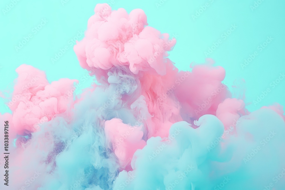 Poster An abstract composition showing thick plumes of pink and blue smoke blending together, creating an ethereal and captivating visual experience for the viewer.
