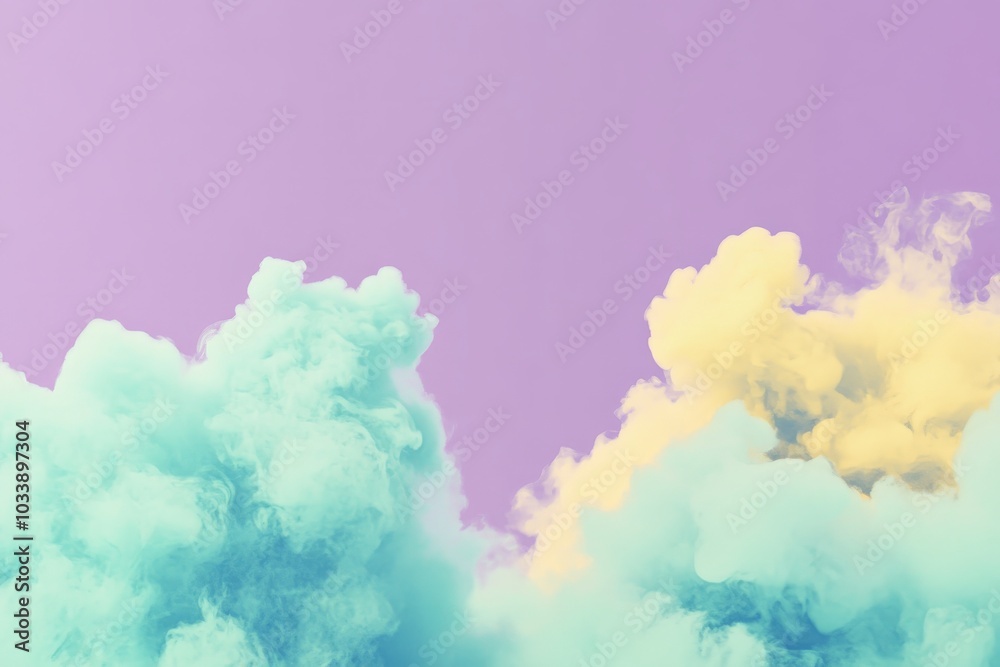 Aufkleber A vibrant fusion of teal and yellow clouds swirl in a purple sky, creating an ethereal and mesmerizing scene capturing the fluid motion of soft, colorful clouds.