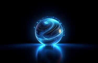 A glowing blue sphere with intricate lines swirling on its surface, set against a black background, creates a futuristic and abstract scene.