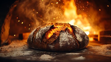 A loaf of rye bread baking in a traditional stone oven, the dark crust forming, with flames flickering inside. The scene is set in a rustic Northern European bakery,