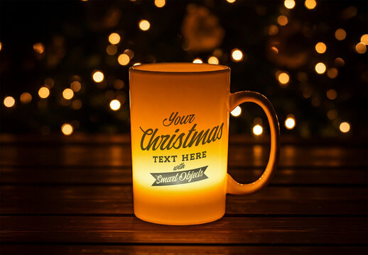 Illuminated Mug Mockup on a Wood Desk with Christmas Bokeh Lights in the Background With Generative AI