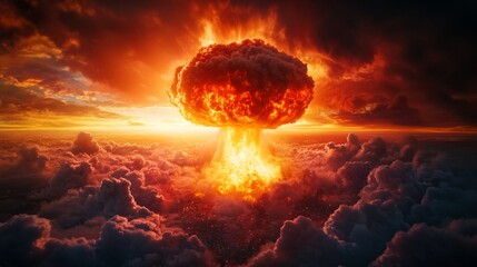 Massive Nuclear Explosion Above the Clouds, Devastating Atomic Blast at Sunset with Fire and Smoke
