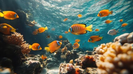 underwater scene showcasing tropical fish swimming gracefully among vibrant coral reefs creating a captivating marine panorama that celebrates natures underwater beauty