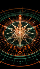 Naklejka premium A holographic nautical compass on top of glowing lines representing network communication with sparkles of light in orange and green tones