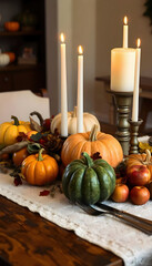 An autumn harvest table is beautifully arranged with vibrant pumpkins, shiny red apples, and colorful corn. This festive display captures the essence of the season, showcasing nature's bounty in a rus