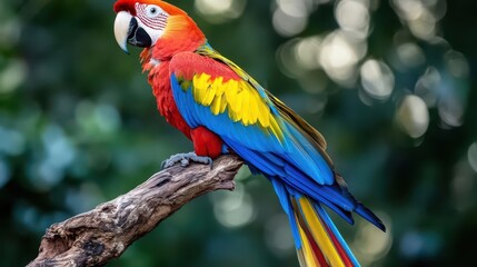 Fototapeta premium a stunning macaw perched on a tree branch, its vibrant feathers showcasing a kaleidoscope of colors against a natural background, embodying the beauty of wildlife