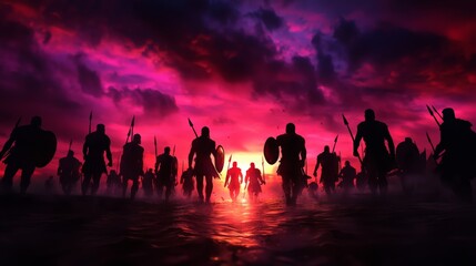 An epic confrontation on a beach at sunset, with deep purple and crimson tones, as Spartans charge toward enemy ships, their bronze shields shining against the fiery sky