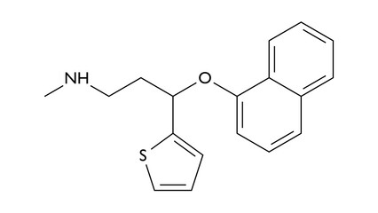 duloxetine molecule, structural chemical formula, ball-and-stick model, isolated image antidepressant