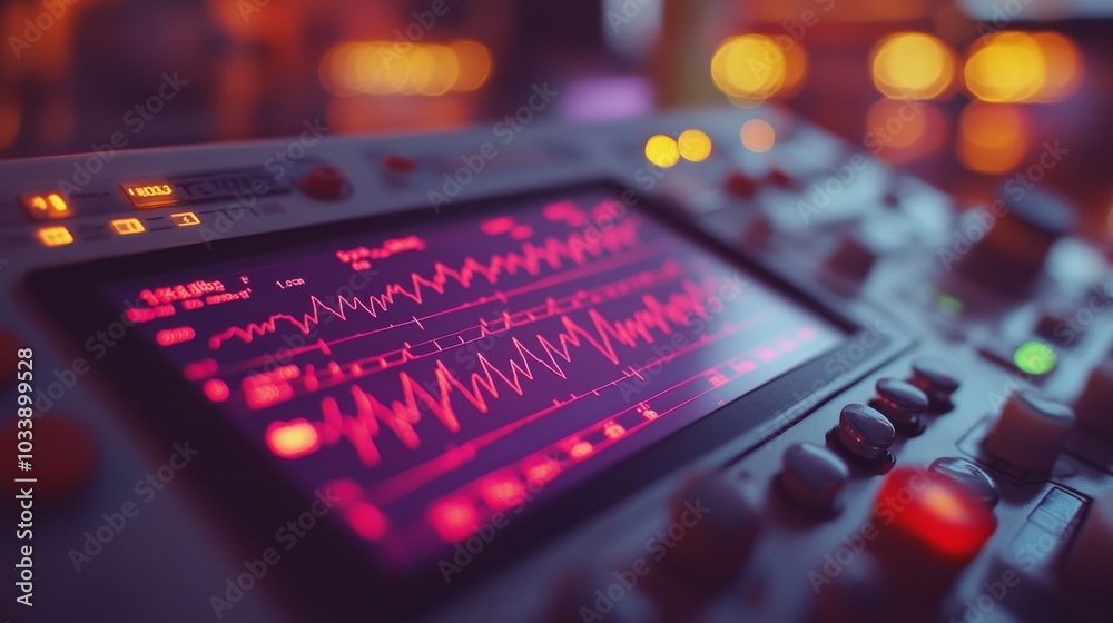 Aufkleber Brightly colored sound waves pulse on the screen of an audio mixer, surrounded by various buttons and knobs, creating a lively atmosphere during a nighttime music event.