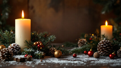 Christmas candles, candles decorated with isolated rustic stone background, space for text