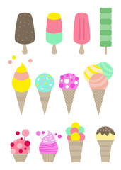 ice cream.Set of tasty ice cream flat cartoon icons on white background. Vector illustration. Sweet stickers collection for street food, confectionery, bar, restaurants, snacks