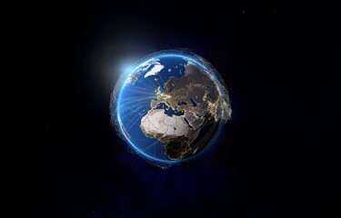 Obraz premium A glowing Earth with city lights and a network of lines connecting continents against a black background with stars.