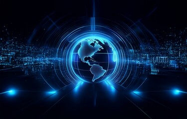 A blue glowing globe surrounded by abstract lines and shapes on a dark background.