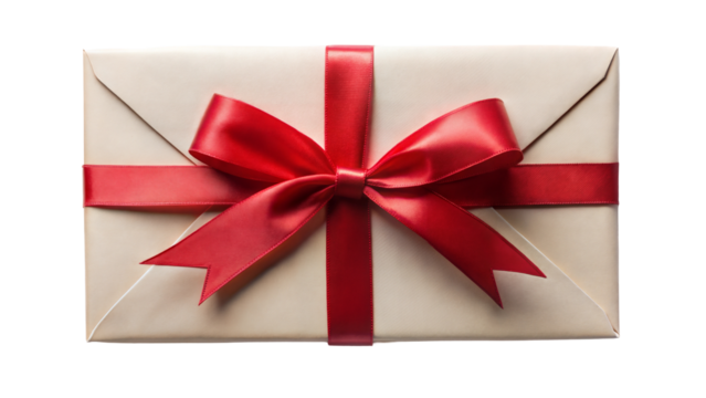 Gift envelope with red ribbon, elegant wrapping isolated on transparent or white background.