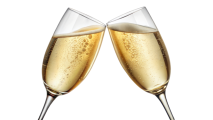 Two glasses of champagne clinking together on a festive occasion, isolated on transparent or white background.