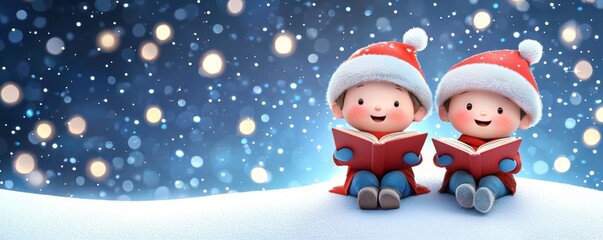 Naklejka premium Two cheerful children in Santa hats reading a book together in a snowy setting, surrounded by falling snowflakes and glowing lights.