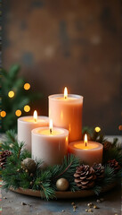 Christmas candles, decorated candles on isolated rustic background, space for text