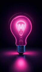 Pink holographic glowing lightbulb with copy space.