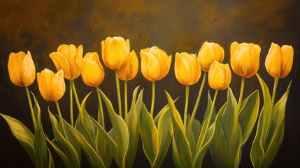 Obraz premium A vibrant display of yellow tulips, symbolizing cheerfulness and hope, perfect for get-well or uplifting moments