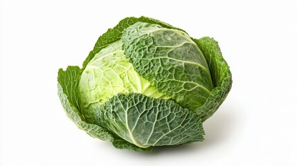 Fototapeta premium a vibrant cabbage stands isolated against a clean white background, showcasing its rich textures and colors, celebrating the beauty of fresh produce in full depth of field