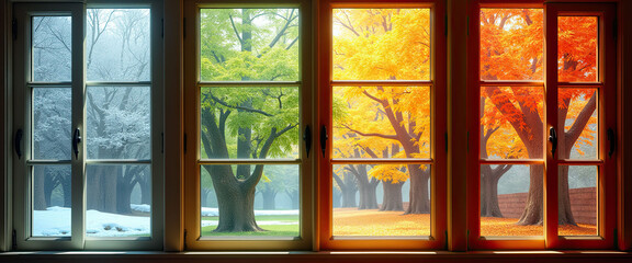 Quadruple window view showcasing colorful trees through seasonal changes from spring to winter