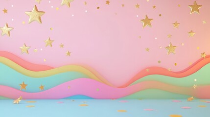 Vibrant 3D Festive Design with Golden Stars and Playful Icons on Colorful Background for Custom Messages