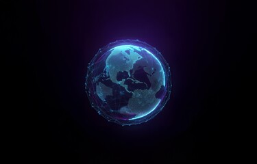 Fototapeta premium A glowing, blue, and purple digital globe with continents, surrounded by a web of connected lines and points, is on a dark purple background.
