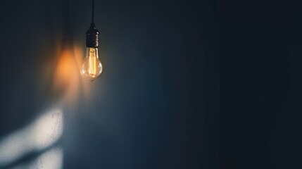 Dark empty room with single flickering light bulb casting long shadows, emphasizing absence of power and eerie atmosphere, minimalist setting with focus on light bulb's glow.