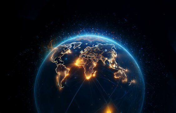 A glowing, blue and gold digital globe with lines of connection.