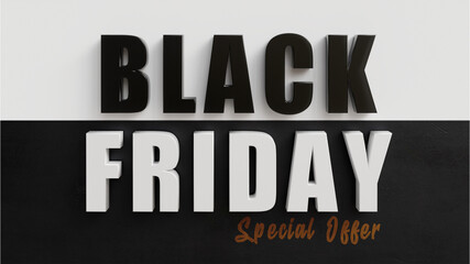 BLACK FRIDAY 3D, BLACK AND WHITE STICKED TO THE WALL, WITH ORANGE GRAFFITI