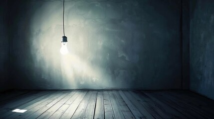 Dark empty room with single flickering light bulb casting long shadows, emphasizing absence of power and eerie atmosphere, minimalist setting with focus on light bulb's glow.