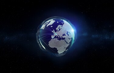 A stylized globe with a digital overlay is situated in the center of a dark blue space studded with stars.