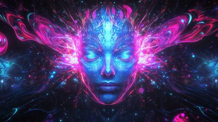 Close-up of a woman with glowing digital projections on her face, symbolizing technology, AI, and futuristic innovation in a digital world.
