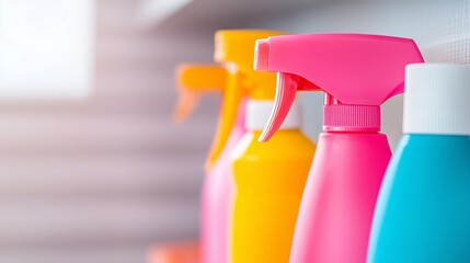 Detailed shot of cleaning supplies neatly organized on a shelf, bright colors and clean labels, cleaning supplies, organized home care