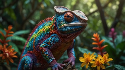 Obraz premium Vibrant Chameleon Camouflages in Tropical Rainforest Oasis