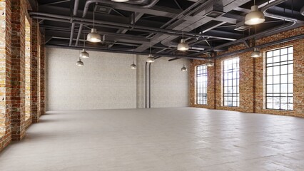 3D render of empty exhibition space. backdrop for exhibitions and events.Interior of empty warehouse	