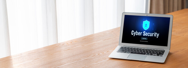 Cyber security system on computer screen protect private information snugly from hacker and cyber attack