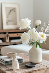 bouquet of white peonies still life composition, white flowers in a vase