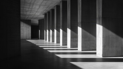 Fototapeta premium Elegant Modern Architecture - Minimalist Columns in Concrete Interior Casting Sharp Shadows