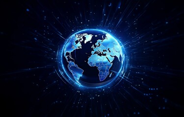 Fototapeta premium A glowing blue orb representing the Earth surrounded by a dark blue background with streaks of light emanating from the orb.