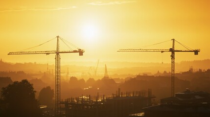 Construction Cranes Silhouette at Sunset