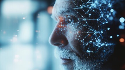 Profile of an elderly man with a glowing neural network pattern on his head, symbolizing AI, technology, and futuristic brain activity.
