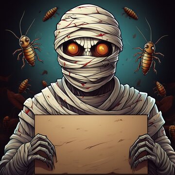 Horrible et terrifiante momie &eacute;gyptienne d'Halloween  avec des yeux oranges globuleux sans pupilles et la peau en putr&eacute;faction, tenant une pancarte, arri&egrave;re-plan avec une horde de gros cafards
