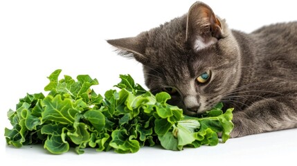 A curious gray domestic cat closely examining a bunch of fresh green leaves possibly considering eating them as a healthy snack  The feline appears interested and focused on the organic produce