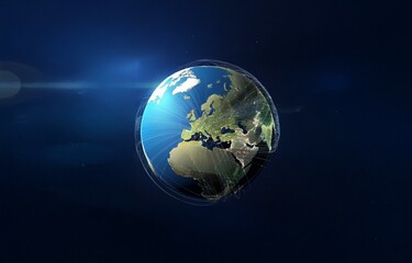 A glowing earth with connected lines radiating from it, set against a dark blue background.